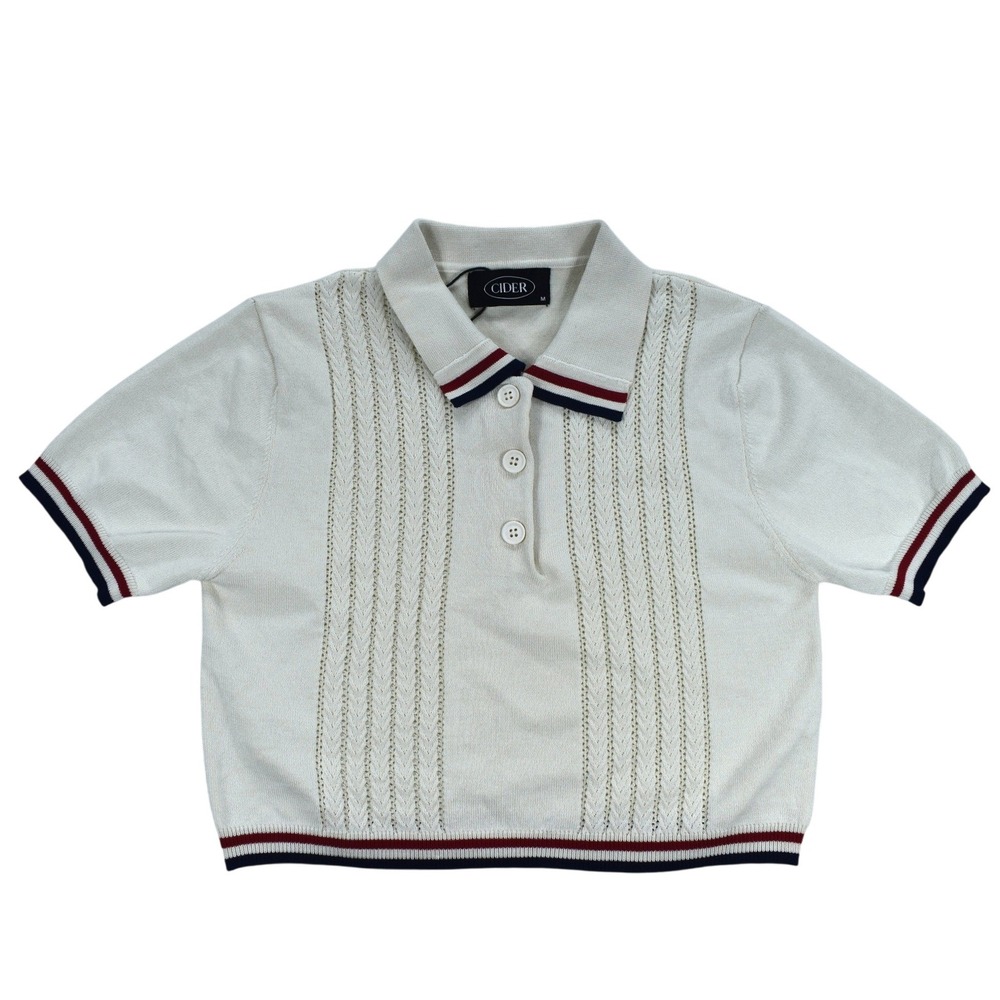 Cider Cream Cable Knit Cropped Polo Shirt Short Sleeve Striped Trim Size M